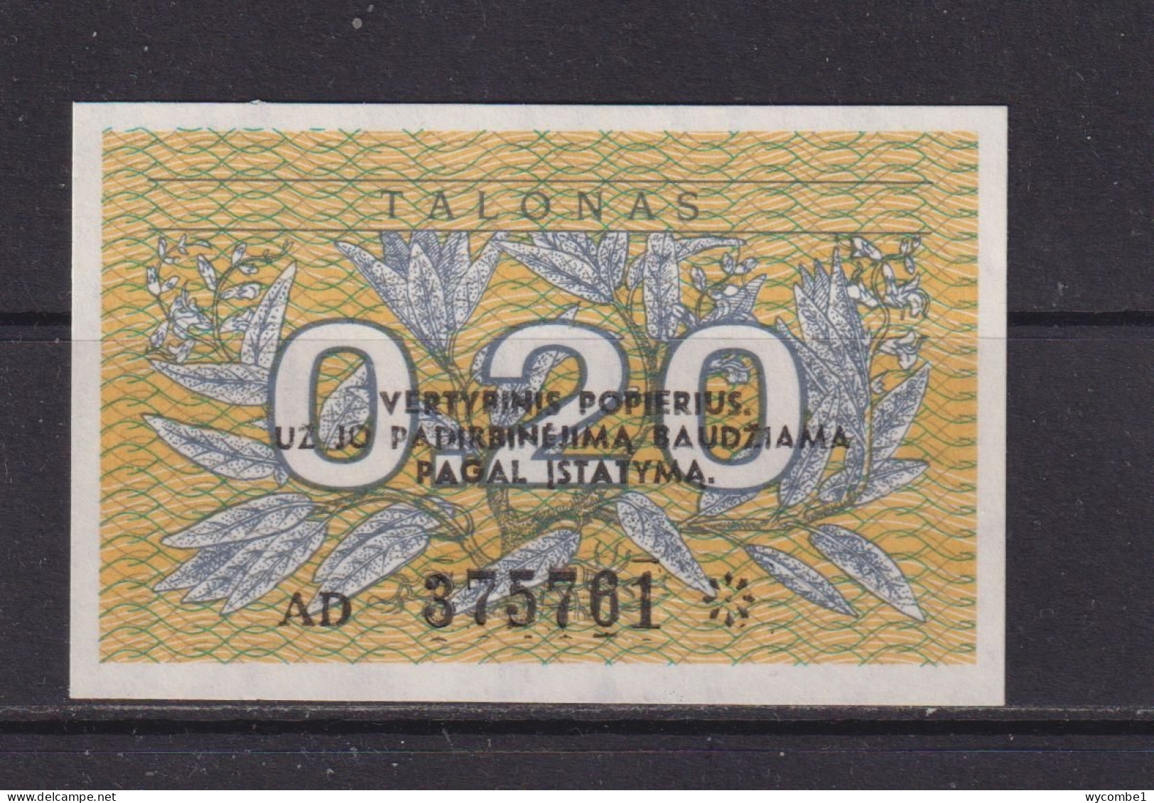 LITHUANIA - 1991 0.20 Talonas UNC Banknote - Lituania