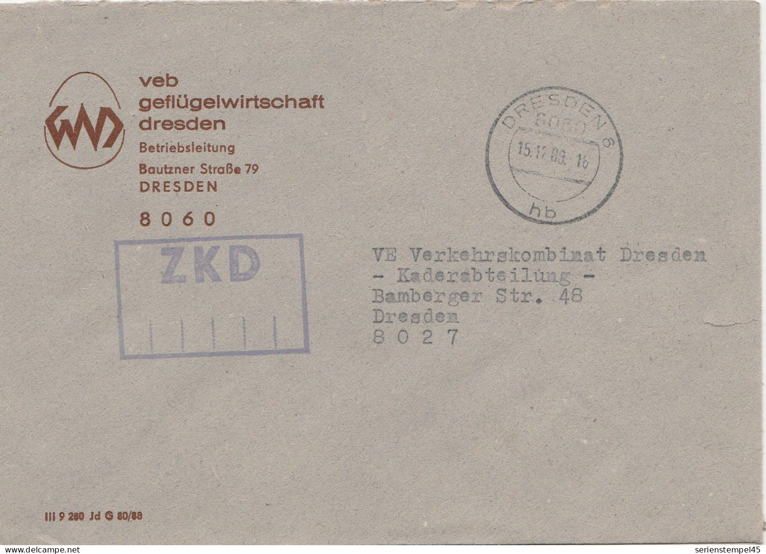 DDR Brief Von ZKD VEB Geflügelwirtschft Dresden 1988 - Centrale Postdienst
