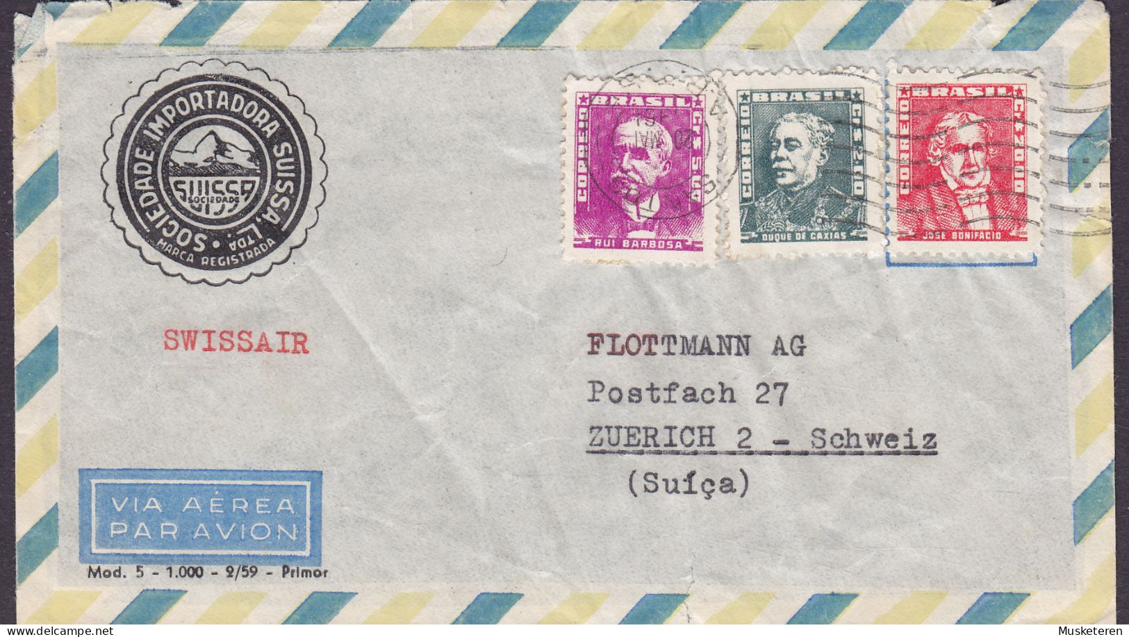 Brazil SOCIEDADE IMPORTADORA SUISSE Par Avion (Swissair) SAO PAULO 1961 Cover Letra ZÜRICH Schweiz 3-Colour Franking - Briefe U. Dokumente