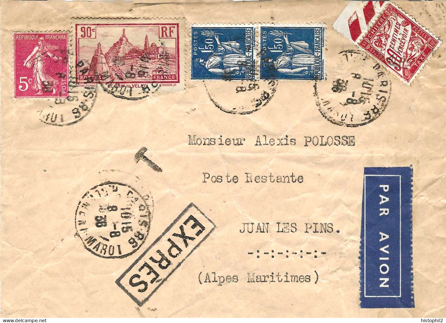 Exprès Par Avion Taxé En Poste Restante! Lettre Affranchie à 3,95 F 2e échelon De Paris Pour Juan Les Pins 8/8/1936 - Posttarieven