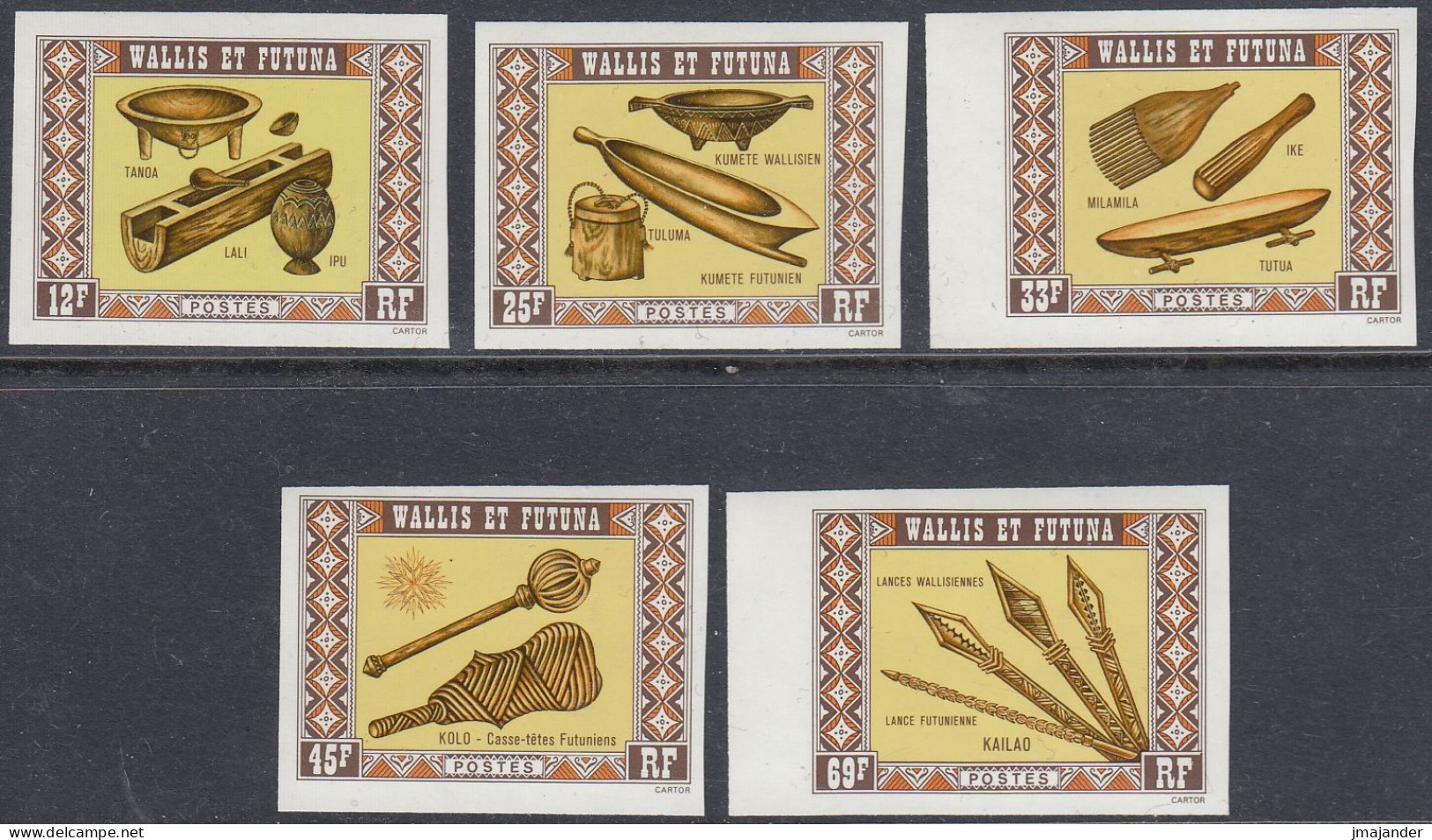 Wallis And Futuna 1977 - Handicrafts: Wood Carvings - Set Of 5 Imperforate Stamps - Mi 286-290 ** MNH - Imperforates, Proofs & Errors