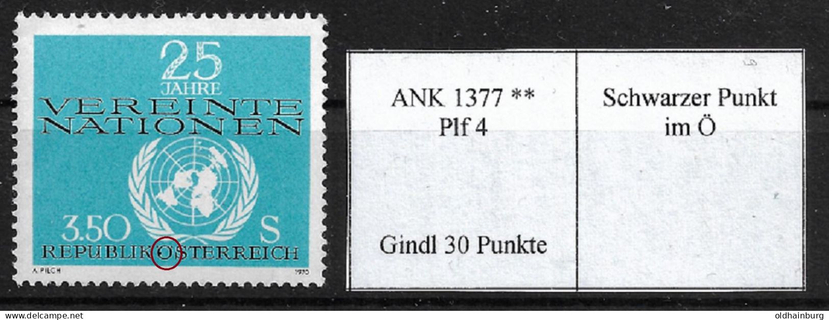 0541d: Österreich 1970, ANK 1377 UNO- Jubiläum **, Plf 4 Nach Gindl - Varietà & Curiosità