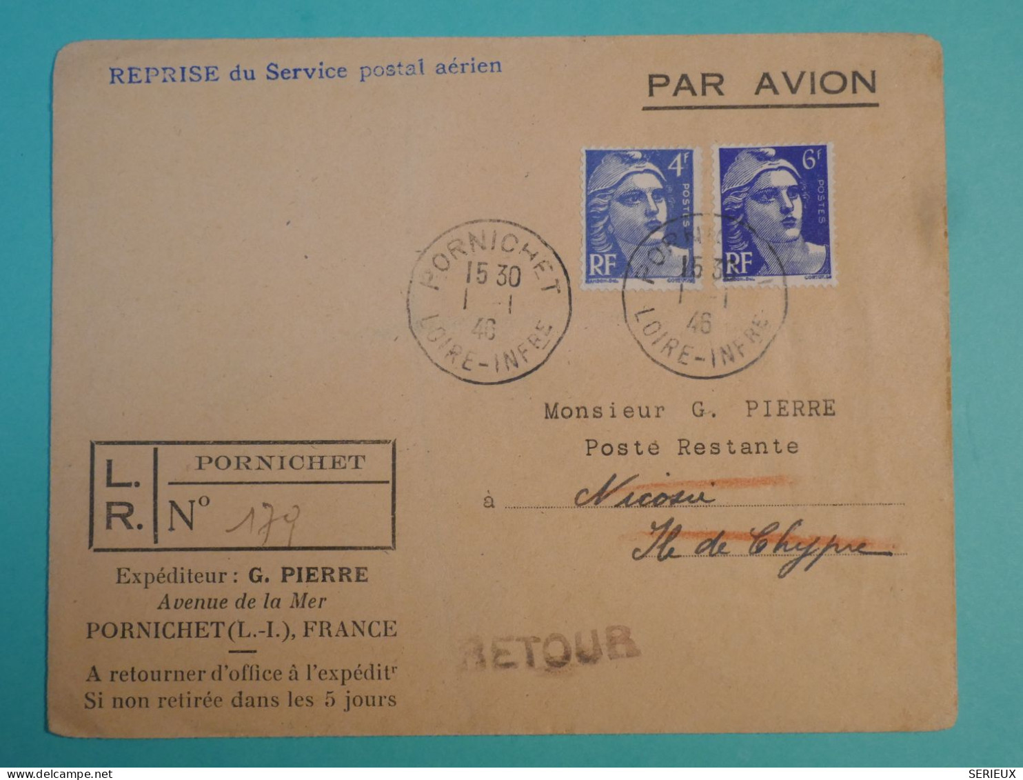 DJ 10  FRANCE    BELLE LETTRE  1946  PORNICHET A  ILE DE CHYPRE  +AFFF. INTERESSANT+ - 1927-1959 Covers & Documents