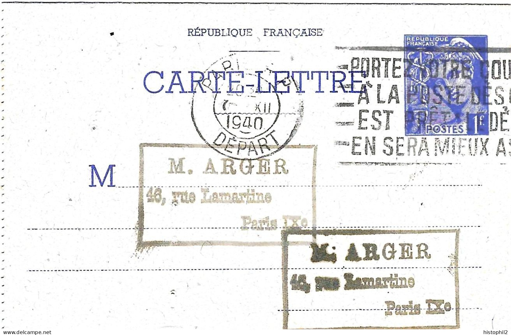 Carte-lettre 1F Mercure Obl Paris Départ 6 XII 1940 Pour Paris - Cartes-lettres