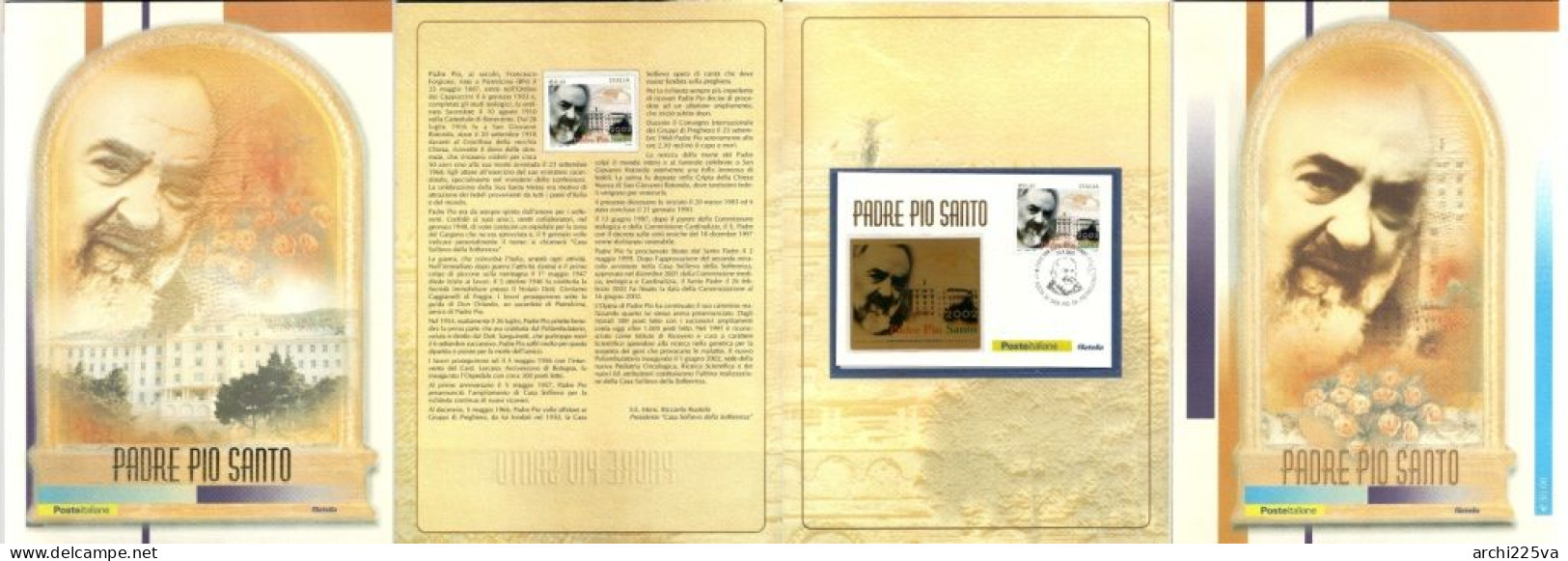 -  ITALIA 2002 - FOLDER di PADRE PIO santo - busta con lamina d' oro - RARO -