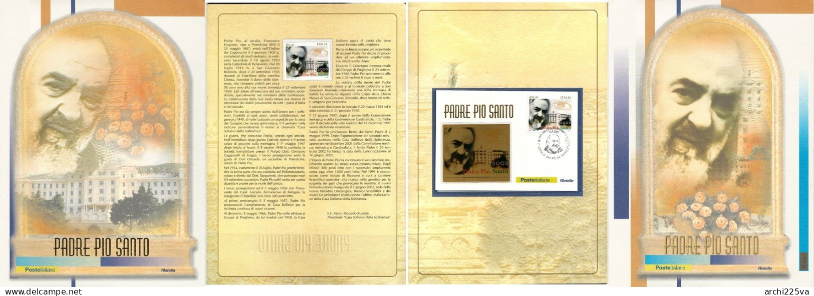 -  ITALIA 2002 - FOLDER di PADRE PIO santo - busta con lamina d' oro - RARO -