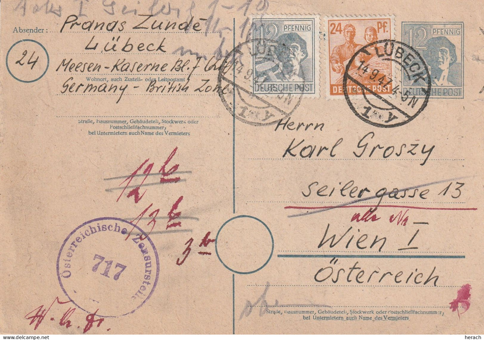 Allemagne Zone AAS Entier Postal Censuré Lübeck Pour L'Autriche 1947 - Entiers Postaux