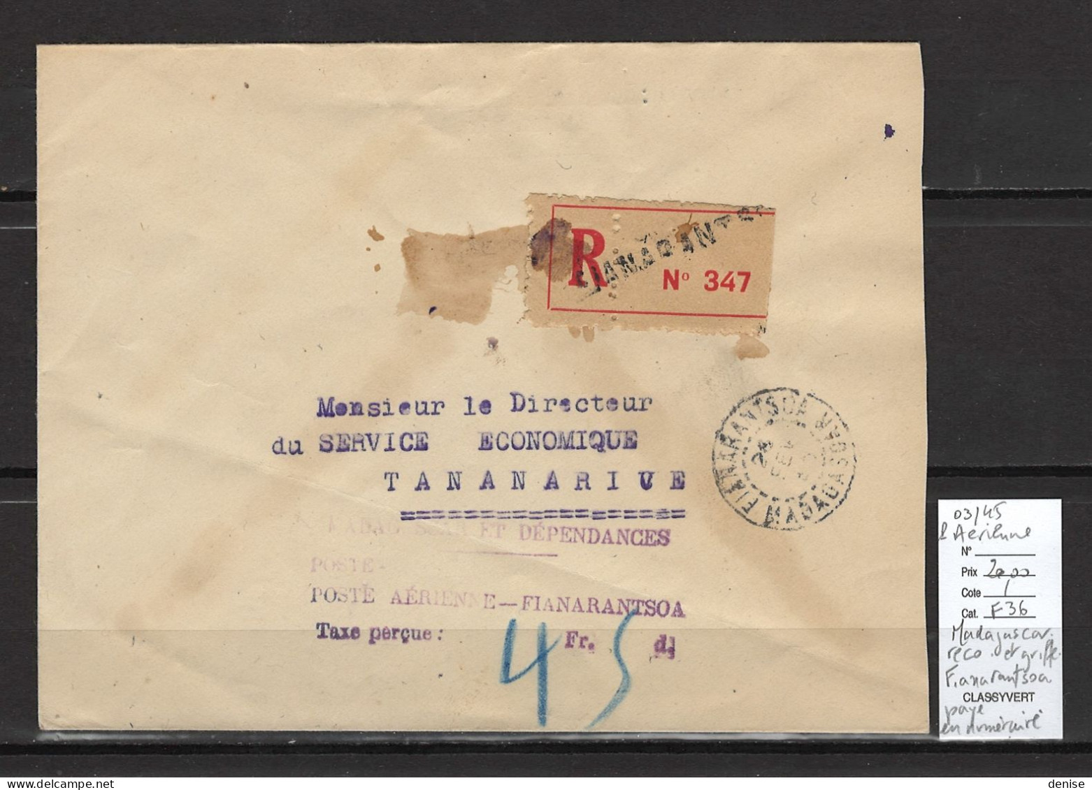 Madagascar - Griffe Paiement En Numéraire : Fianarantsoa  - Poste Aérienne  -  Mars 1945 - Luchtpost