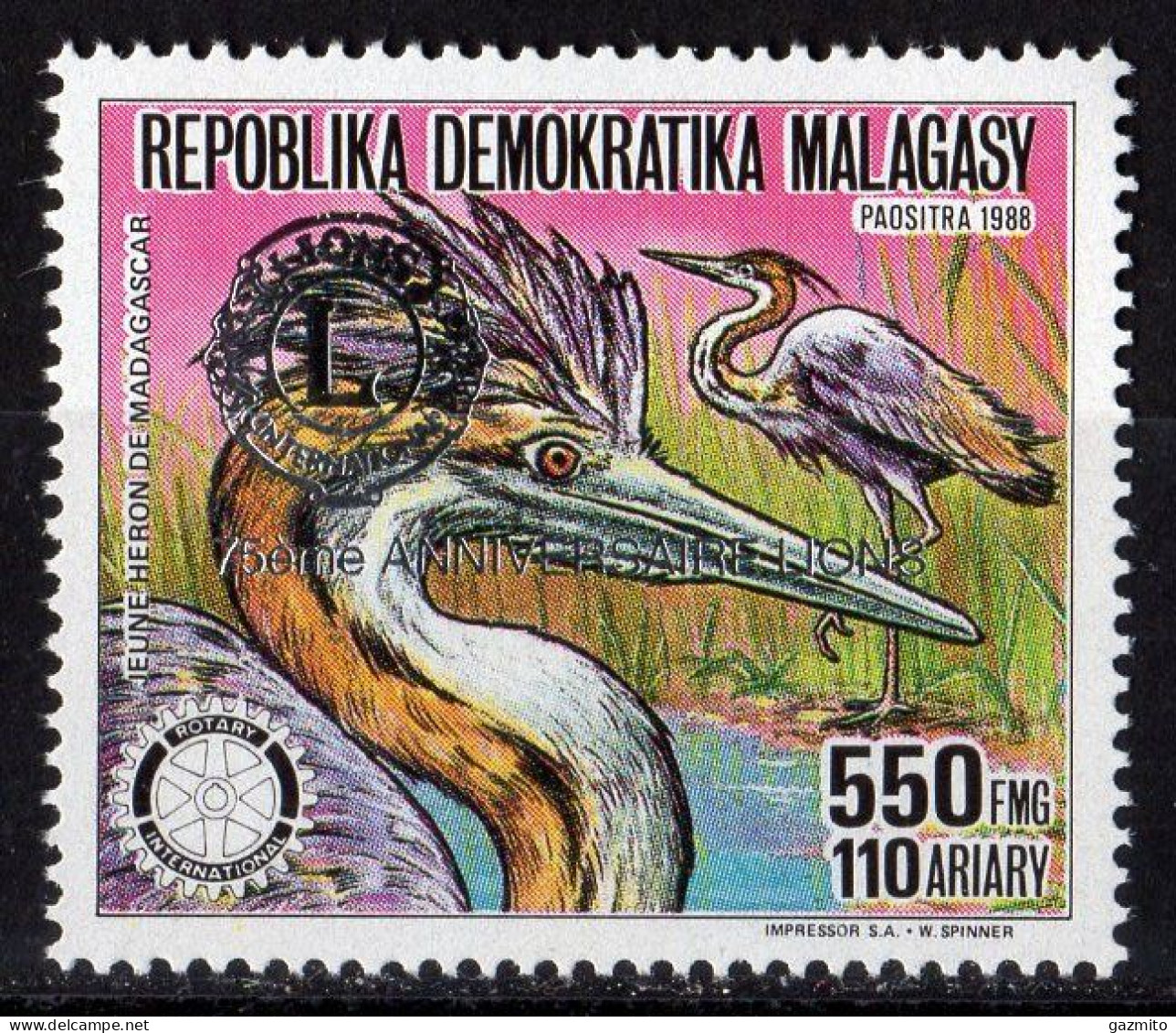 Madagascar 1988, Rotray, Enron, Overp. Lions, 1val - Storks & Long-legged Wading Birds