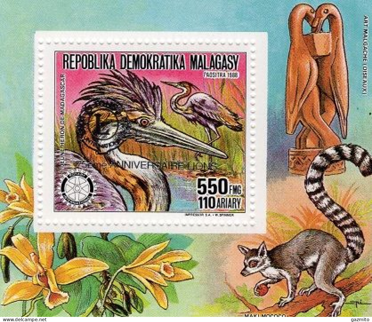 Madagascar 1988, 75th Lion, Silver Overprinted, Bird, Lemour, Rotary, BF - Picotenazas & Aves Zancudas