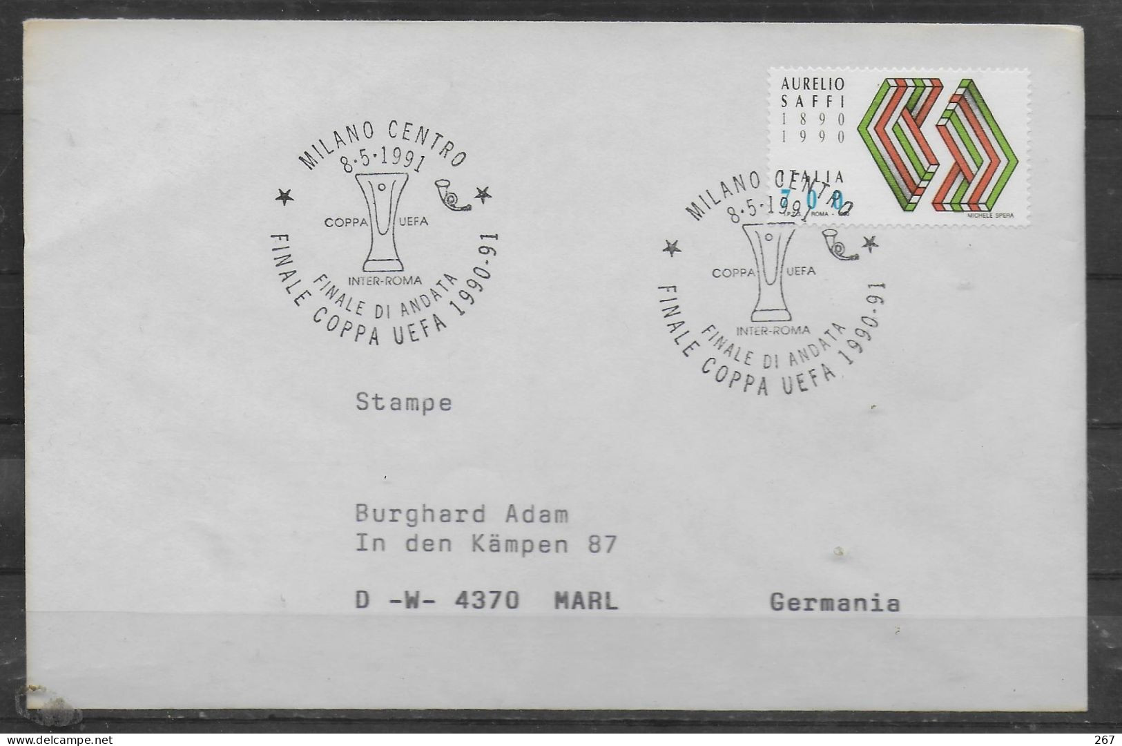 ITALIE   Lettre  1991   Milano  Football  Soccer  Fussball  Inter Roma - Storia Postale