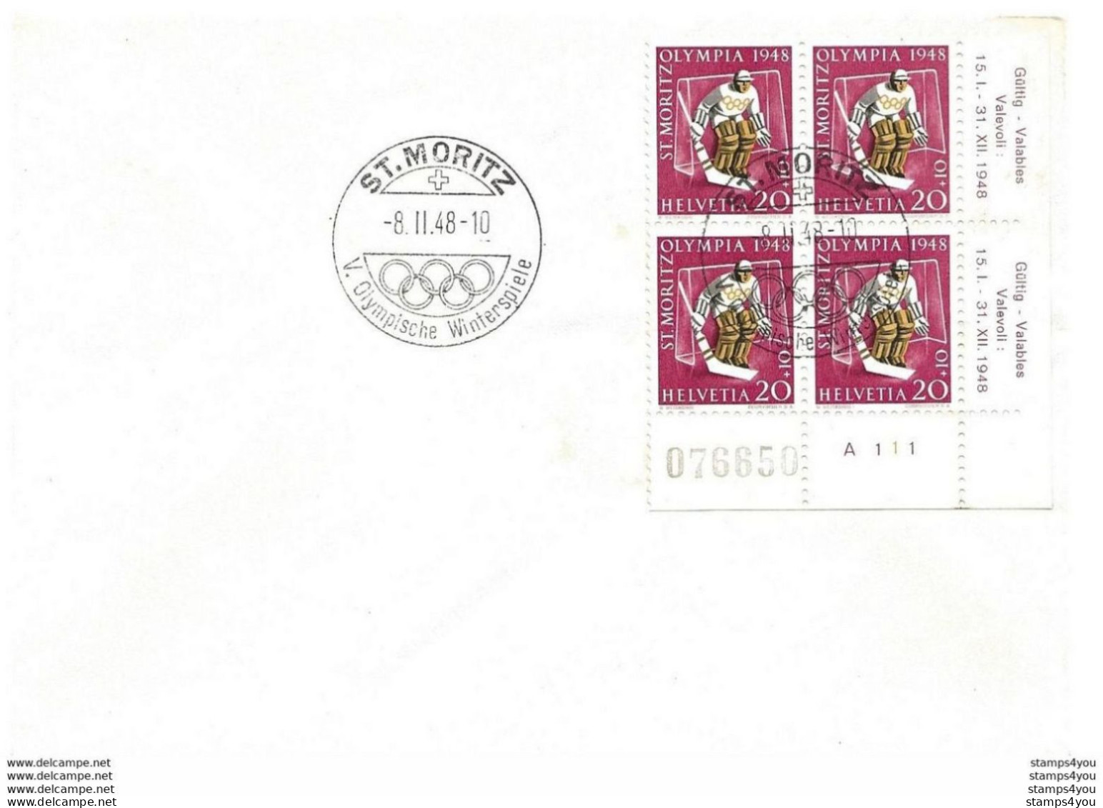 T1 - 30 - Enveloppe Suisse Avec Bloc De 4 Timbres Olympqiues - 8.2.48. St Moritz - Inverno1948: St-Moritz