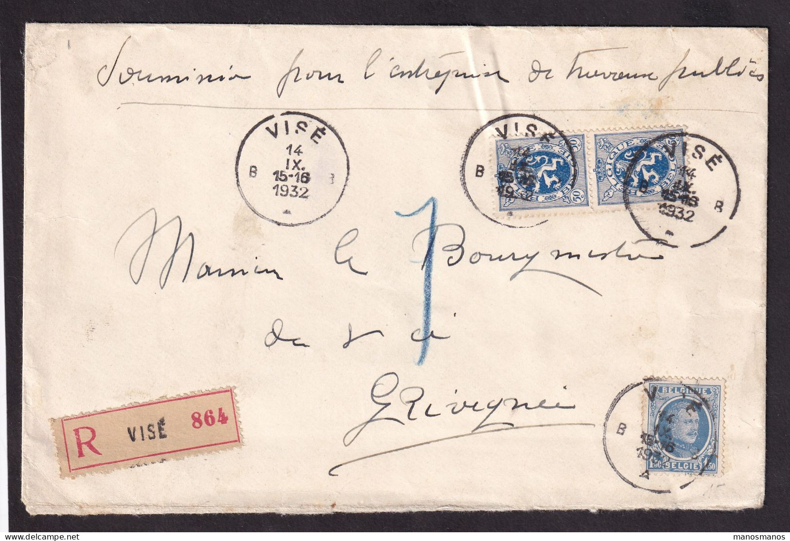 DDFF 682 -  Enveloppe Recommandée TP Lion Héraldique + Houyoux  VISE 1932 Vers GRIVEGNEE - 1929-1937 Heraldic Lion