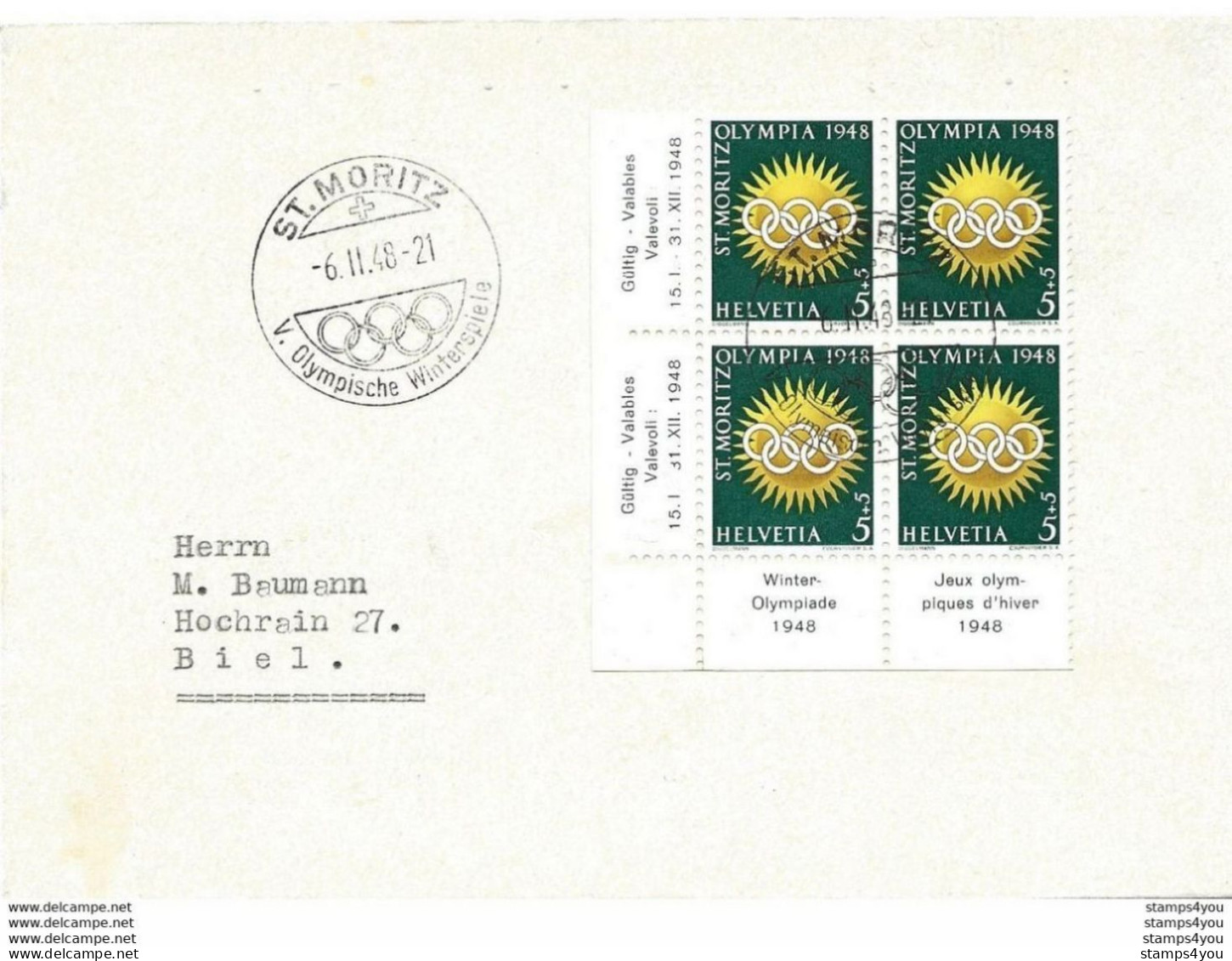 T1 - 40 - Enveloppe Suisse Avec Bloc De 4 Timbres Olympqiues - 6.2.48. St Moritz - Inverno1948: St-Moritz