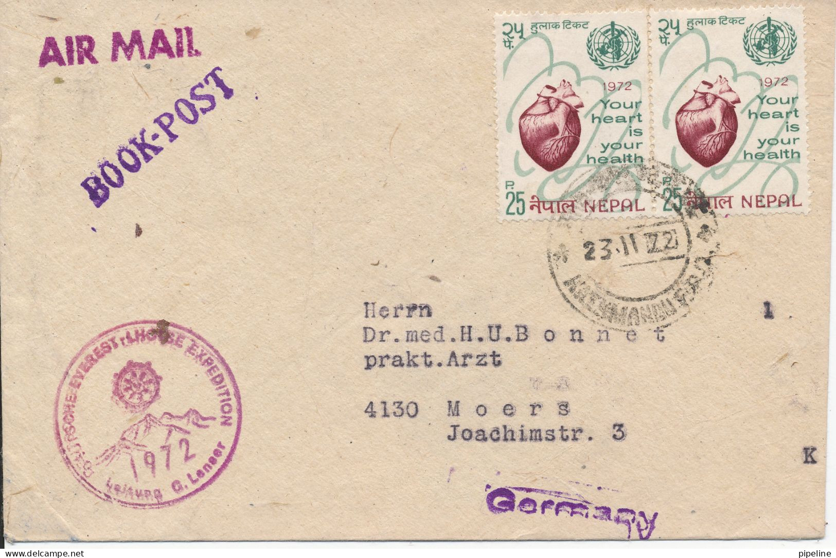 Nepal Cover German Expedition To Everest - Lhotse Sent To Germany Kathmandu 23-11-1972 With Special Postmark - Escalada