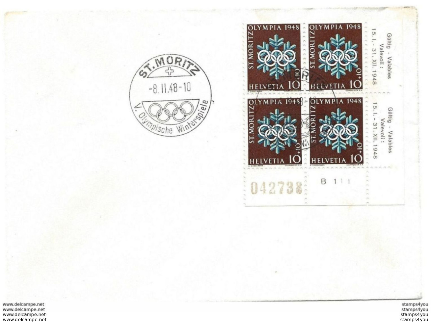 T1 - 42 - Enveloppe Suisse Avec Bloc De 4 Timbres Olympqiues - 8.2.48. St Moritz - Hiver 1948: St-Moritz