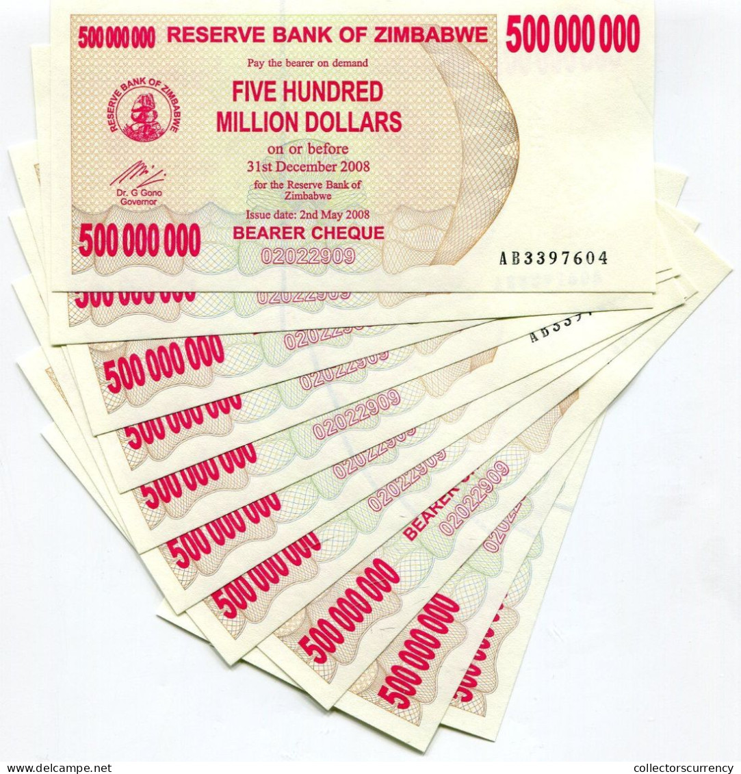 Zimbabwe 500 Million Dollars 2008 Bearer Cheque UNC P60 AB Currency X 10 Pieces - Zimbabwe