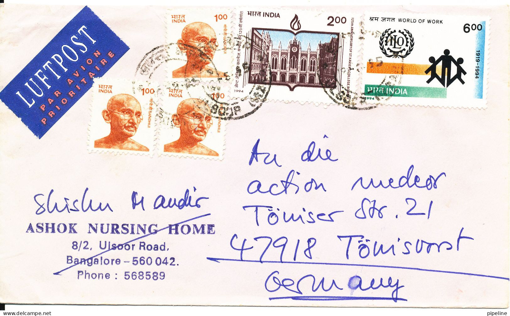 India Cover Sent Air Mail To Germany 1990 Topic Stamps - Luftpost