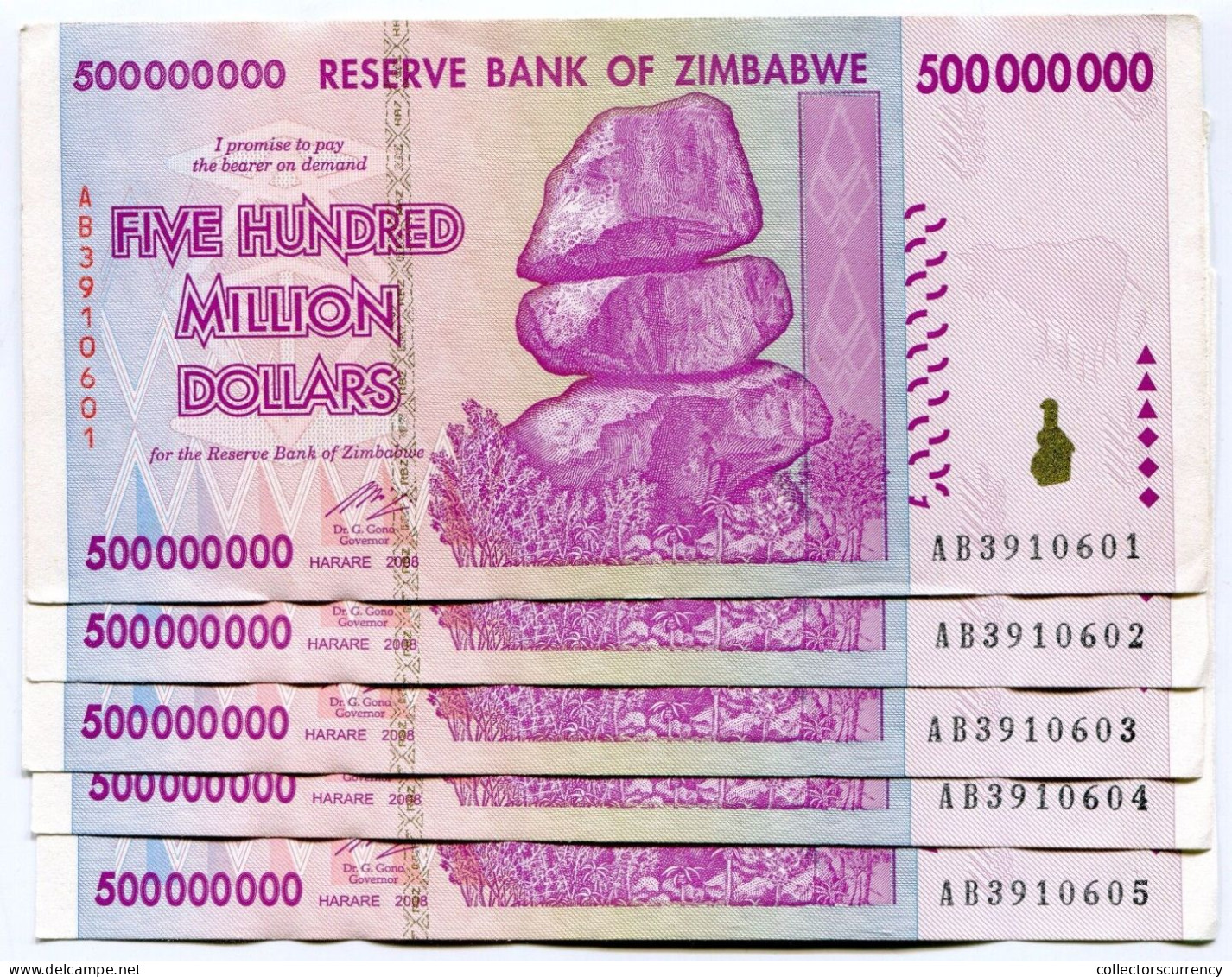 Zimbabwe 500 Million 2008 Banknotes AU P82 AB X 5 Pieces 100 Trillion Series - Simbabwe