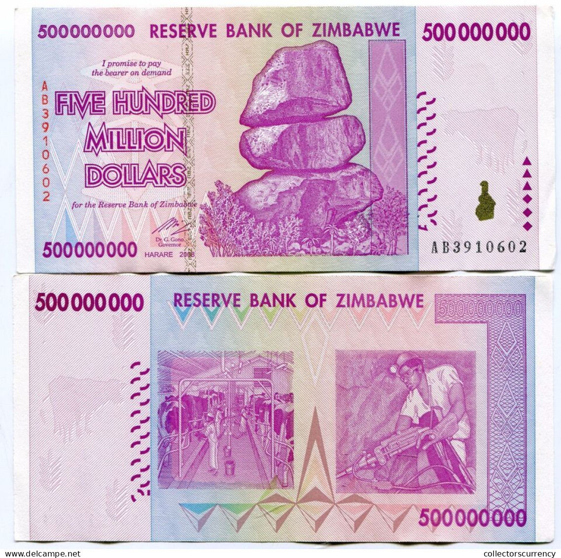 Zimbabwe 500 Million 2008 Banknotes AU P82 AB X 5 Pieces 100 Trillion Series - Simbabwe