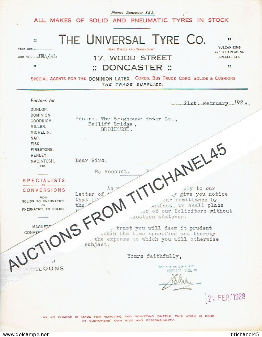 1928 DONCASTER - Letter From THE UNIVERSAL TYRE C° - All Makes Of Solid And Pneumatic Tyres - United Kingdom