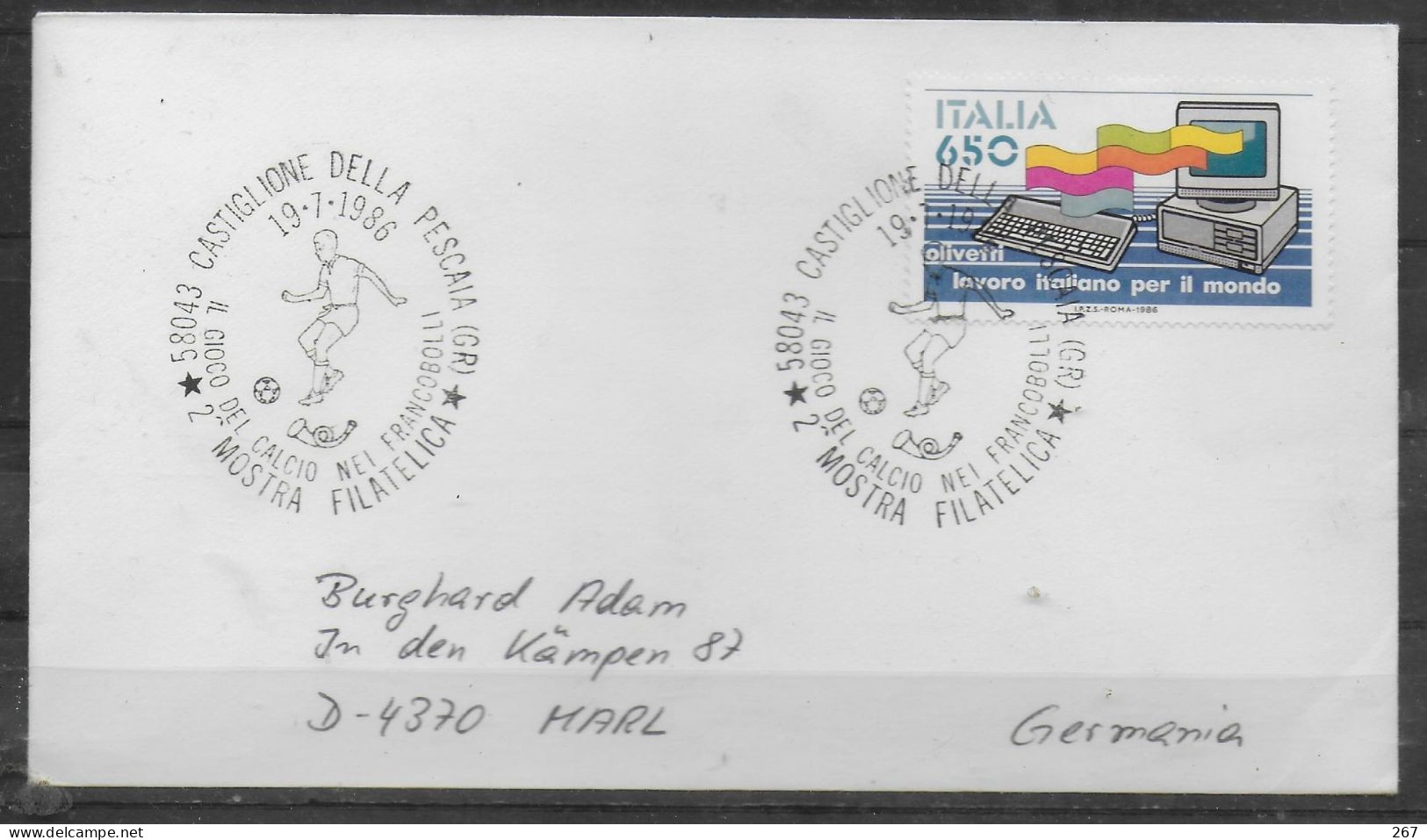 ITALIE   Lettre  1986 Castiglione Football  Soccer  Fussball - Storia Postale