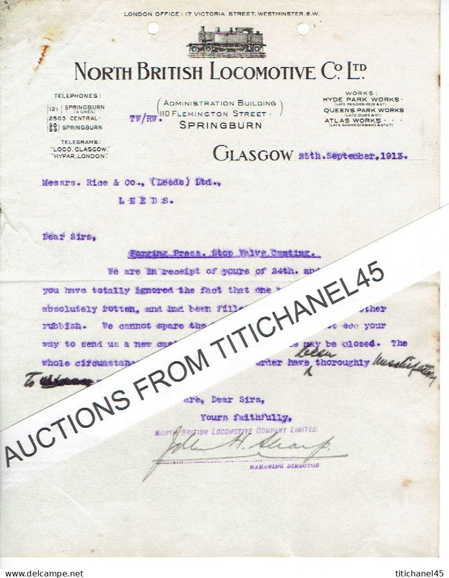 1913 GLASGOW - Letter From NORTH BRITISH LOCOMOTIVE C° - Locomotive Manufacturer - Regno Unito