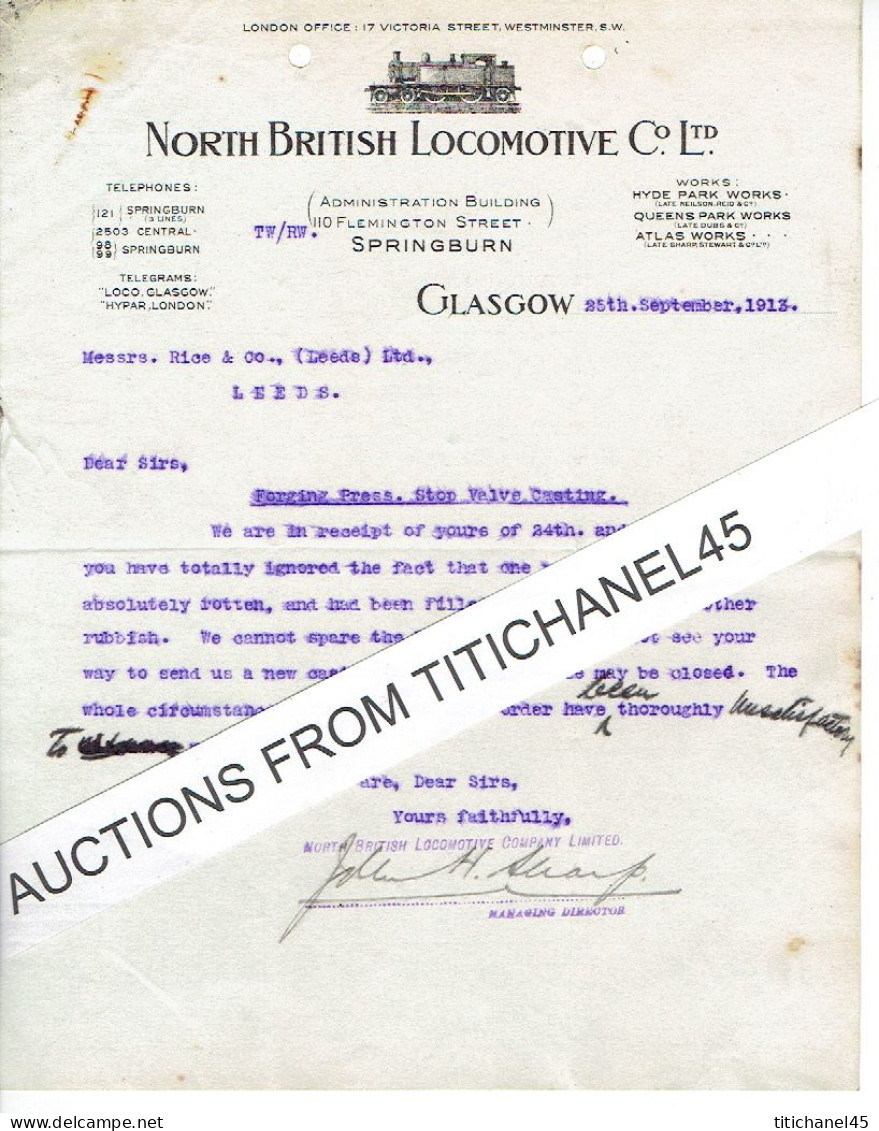 1913 GLASGOW - Letter From NORTH BRITISH LOCOMOTIVE C° - Locomotive Manufacturer - Royaume-Uni