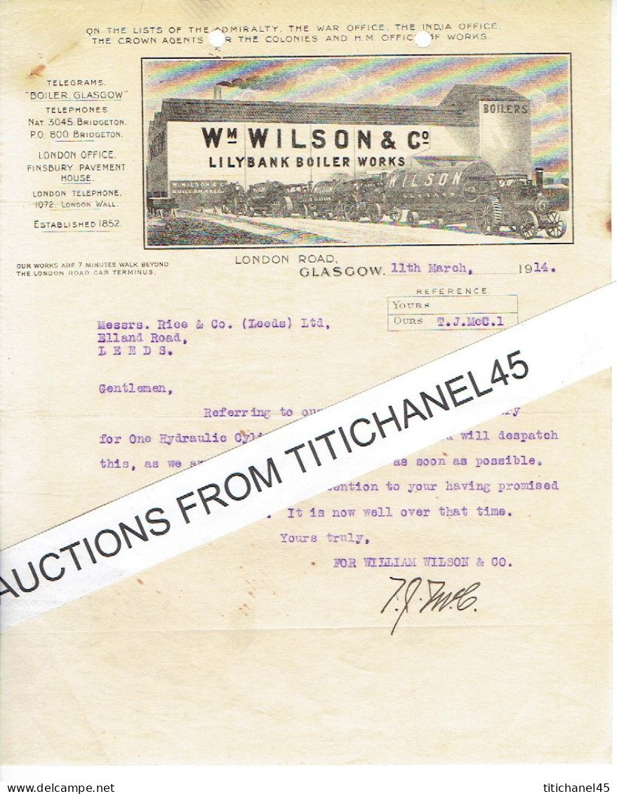 1914 GLASGOW - Letter From Wm WILSON & C° - Steam Boiler Manufaturer - Royaume-Uni