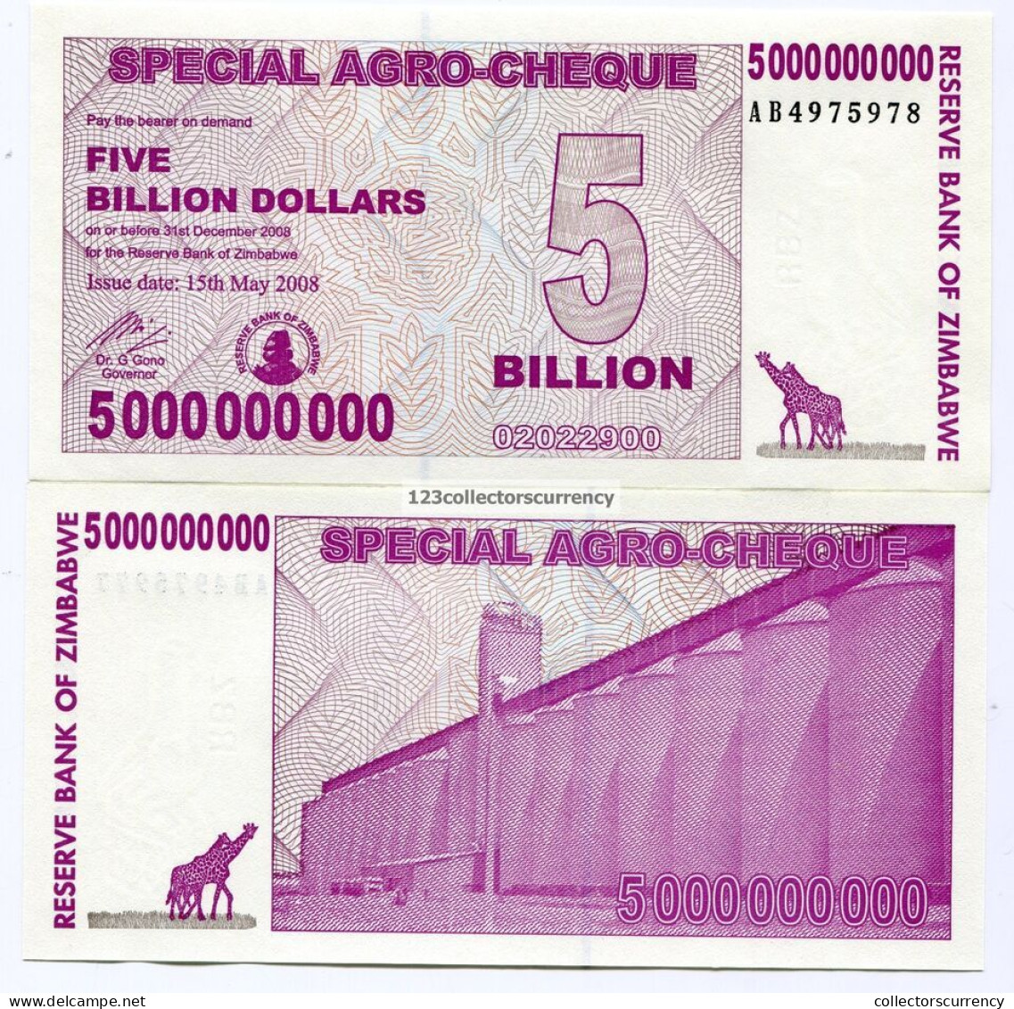 Zimbabwe 5 Billion Dollars 2008 Agro Check UNC Banknote P61 - 10 Note Lot - Zimbabwe