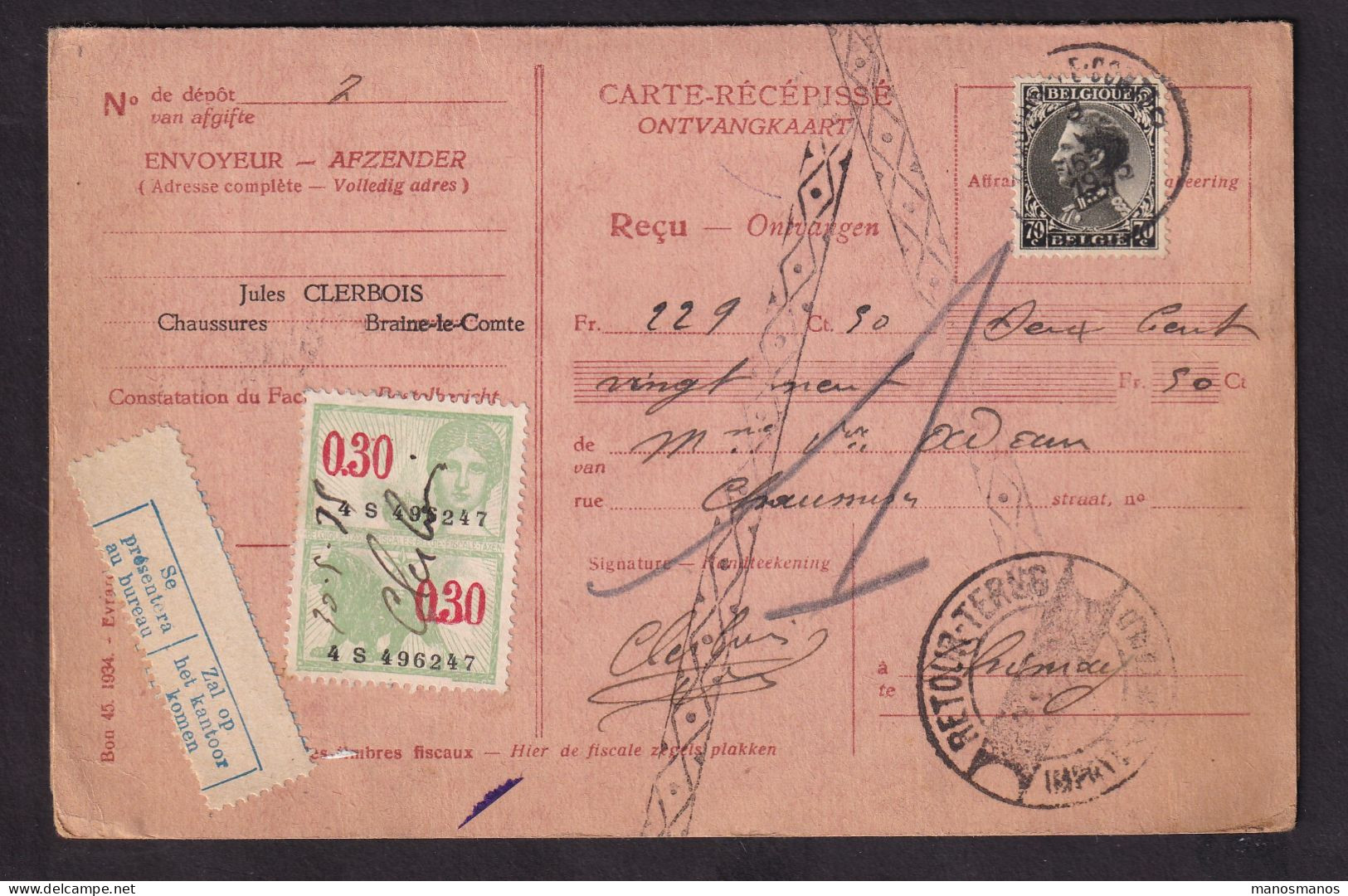 DDFF 689 -  Carte-Récépissé TP Léopold + Fiscal De Jules Clerbois , Chaussures à BRAINE LE COMTE - RETOUR Impayé - 1934-1935 Léopold III