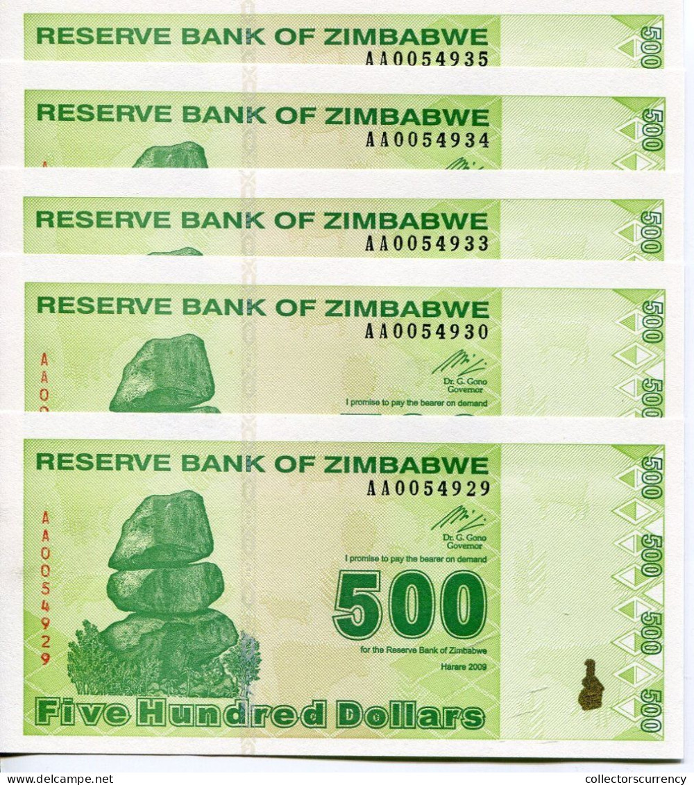 ZIMBABWE 2009  500 DOLLARS  UNCIRCULATED BRAND NEW NOTE - EQUIVALENT TO PREVIOUS  50000 Trillion  AA Prefix  P 98 X 5 Pi - Zimbabwe