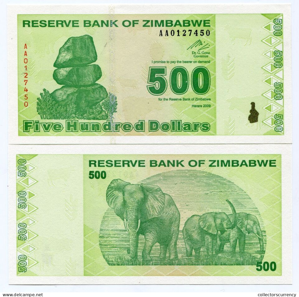 ZIMBABWE 2009  500 DOLLARS  UNCIRCULATED BRAND NEW NOTE - EQUIVALENT TO PREVIOUS  50000 Trillion  AA Prefix  P 98 X 5 Pi - Simbabwe