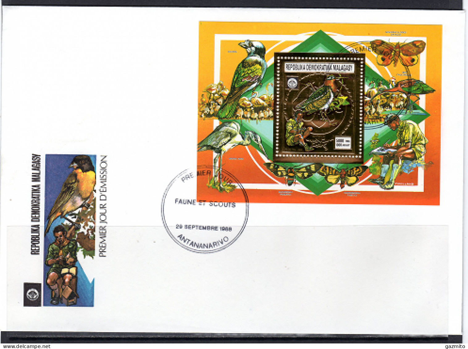 Madagascar 1988, Scout, Butterfly, Birds, BF Gold In FDC - Storks & Long-legged Wading Birds