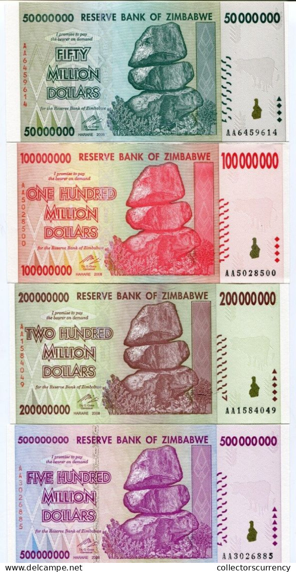 Zimbabwe 2008 Set 50 + 100 + 200 + 500 Million Dollars UNC P79 - P82 Banknotes - Simbabwe