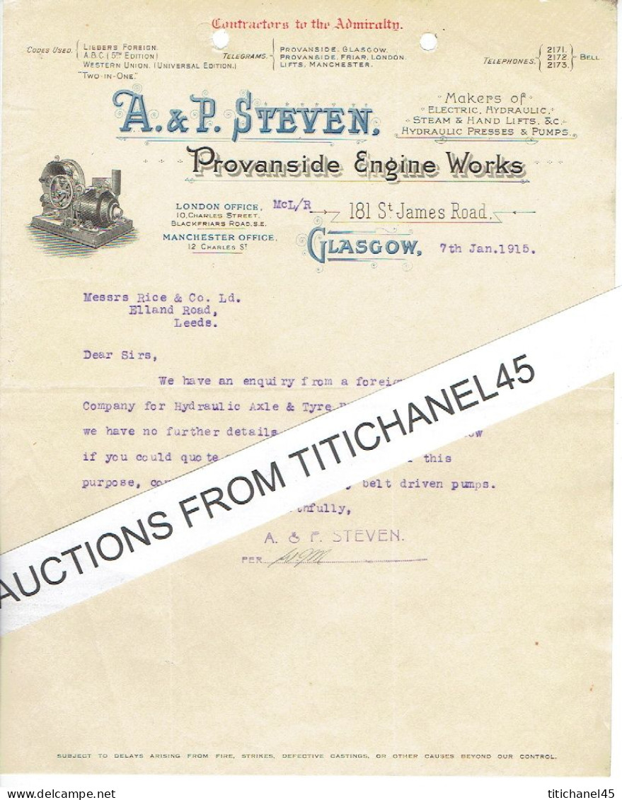 1915 GLASGOW - Letter From A. & P. STEVEN - Makers Of Electric, Hydraulic, Steam & Hand Lifts, Hydraulic Presses & Pumps - United Kingdom