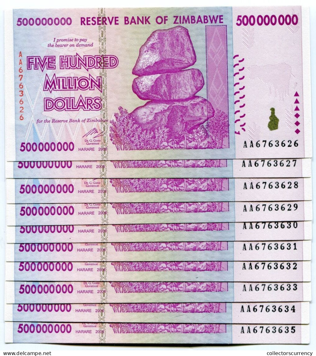 Zimbabwe 500 Million 2008 AA Banknote UNC P82 X 10 Pieces 100 Trillion Series - Zimbabwe