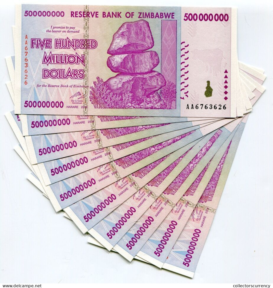 Zimbabwe 500 Million 2008 AA Banknote UNC P82 X 10 Pieces 100 Trillion Series - Simbabwe