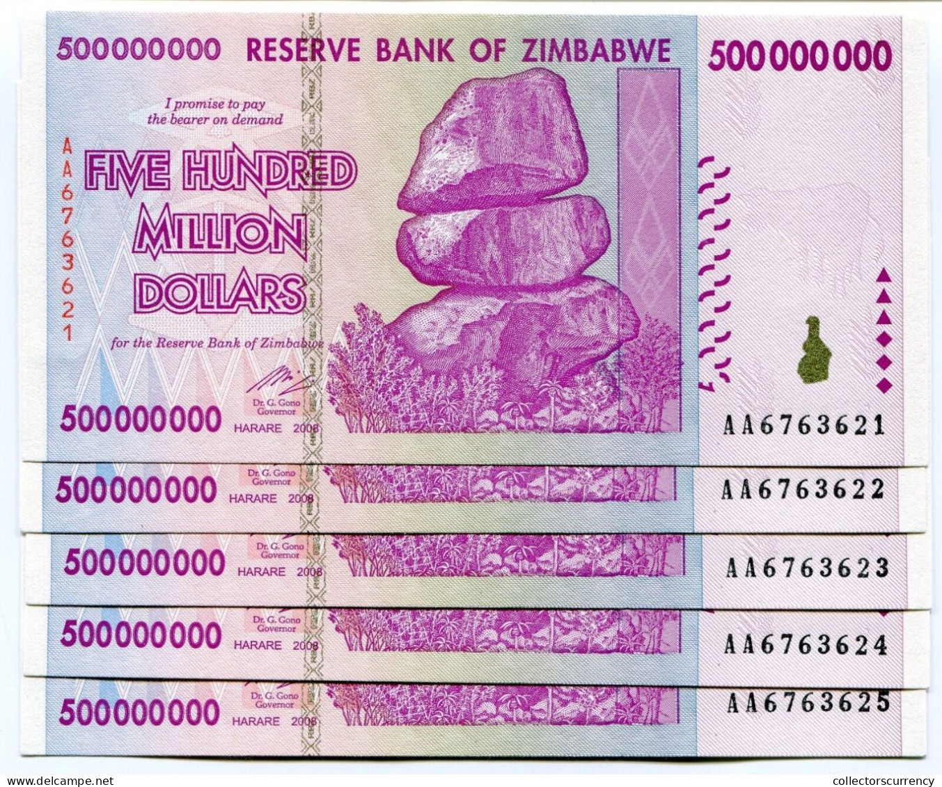 ZIMBABWE 2008  500 MILLION DOLLARS  UNCIRCULATED BRAND NEW NOTES - P 82 X 5 PIECE LOT - Simbabwe