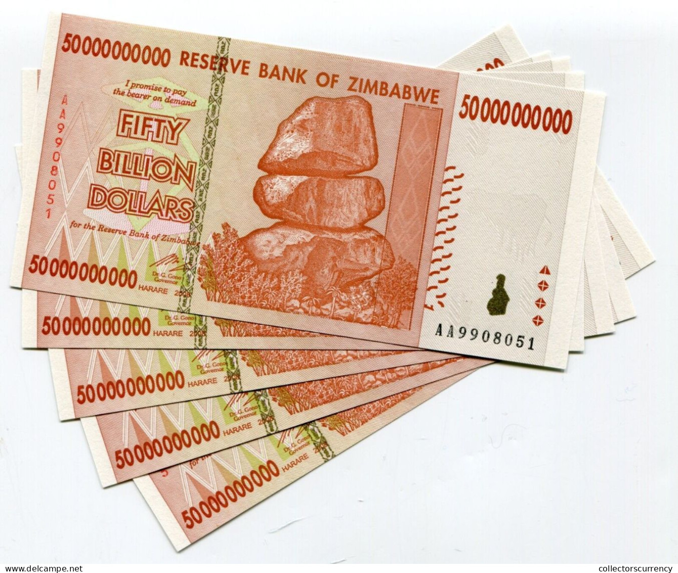 Zimbabwe 50 Billion Dollar 2008 AA Currency UNC Banknotes Money P87 X 5 Note Lot - Simbabwe