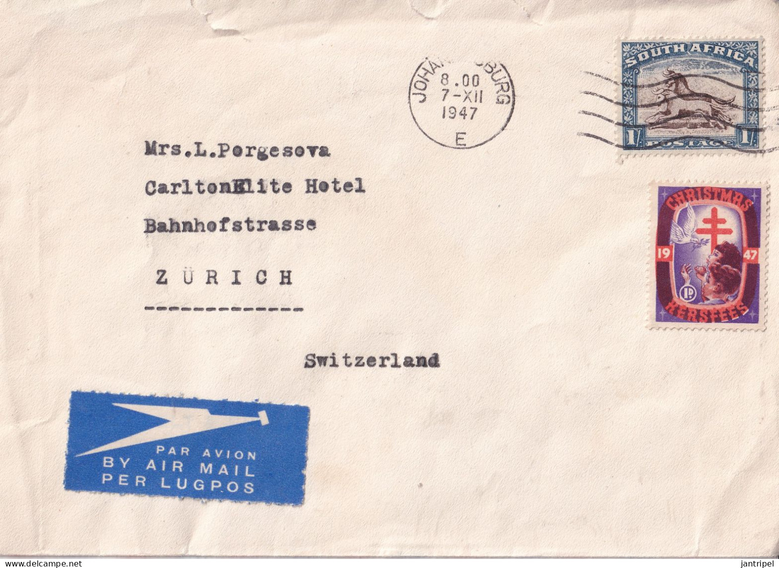 SOUTH AFRICA 1947 COVER With 1947 CHRISTMAS STAMP. - Covers & Documents