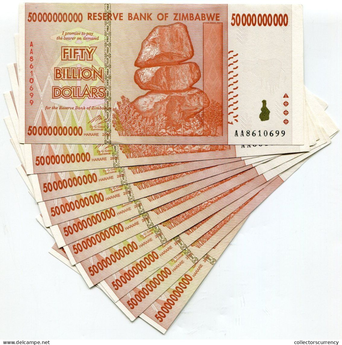 Zimbabwe 50 Billion Dollars 2008 AA Currency UNC Banknotes P87 X 10 Note Lot - Zimbabwe