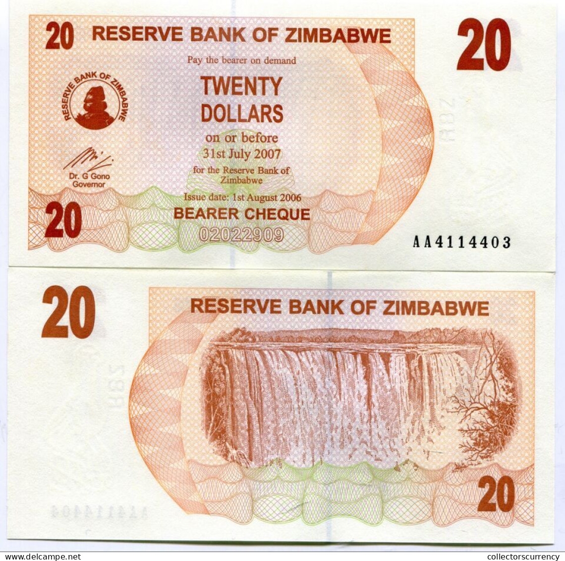 Zimbabwe 2006 P40 20 Dollar Bearer Check Unc X 10 Consecutive Note Lot - AA - Simbabwe