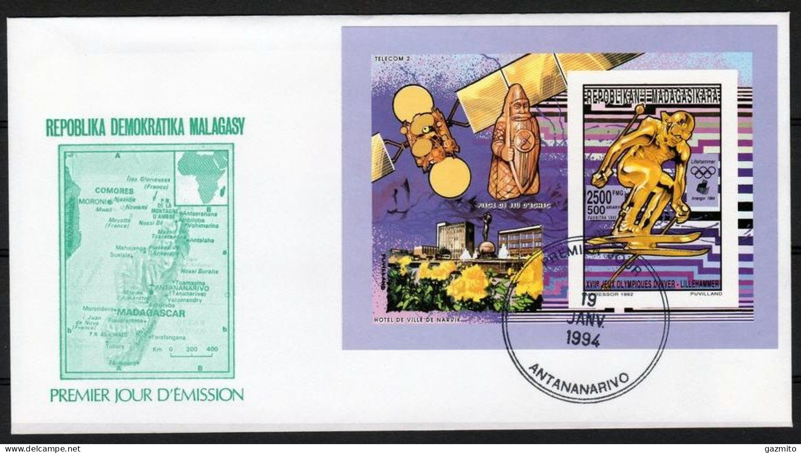 Madagascar 1994, Winter Olympic Games In Lillehammer, Skiing, Archeology, BF In FDC - Invierno 1994: Lillehammer