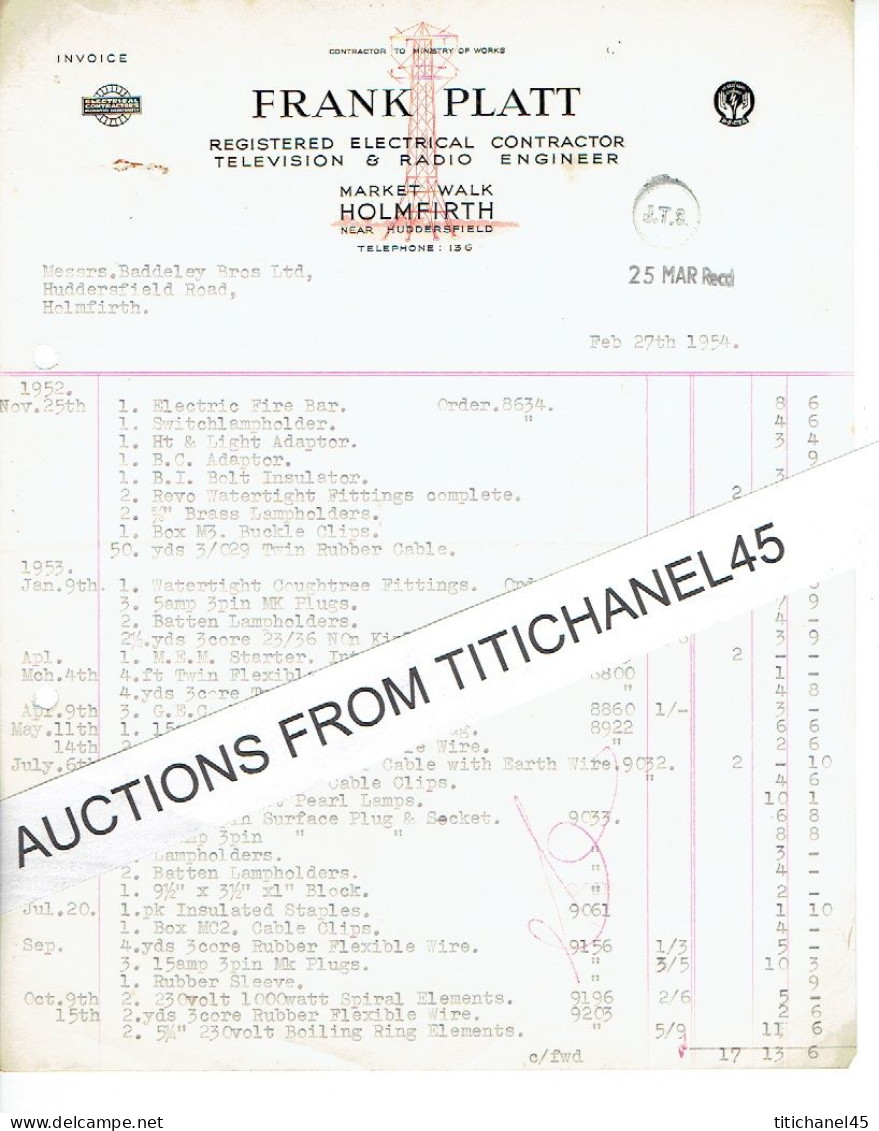 1954 HOLMFIRTH - Invoice From FRANK PLATT - Registered Electrical Contractor Television & Radio Engineer - Reino Unido