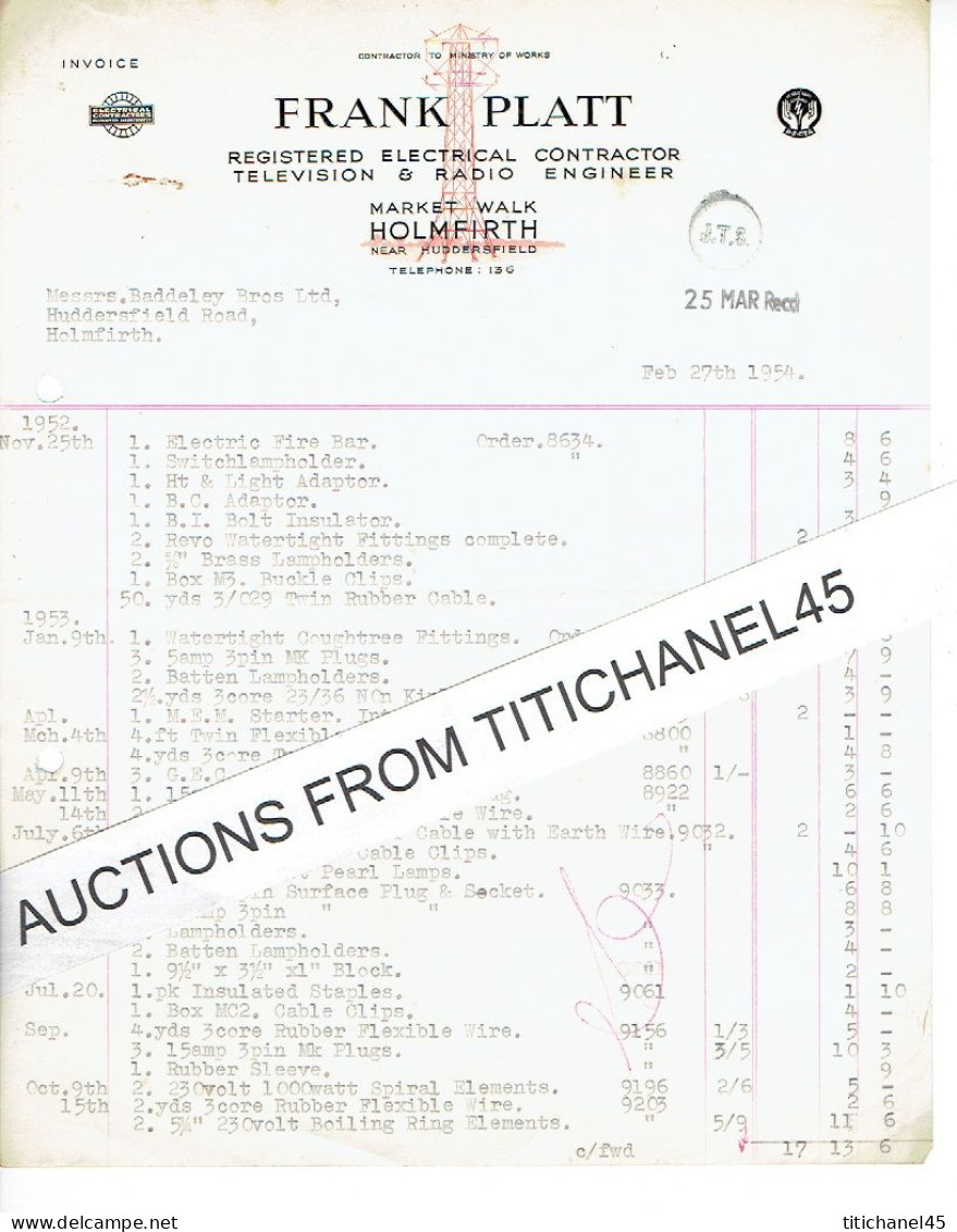 1954 HOLMFIRTH - Invoice From FRANK PLATT - Registered Electrical Contractor Television & Radio Engineer - Royaume-Uni