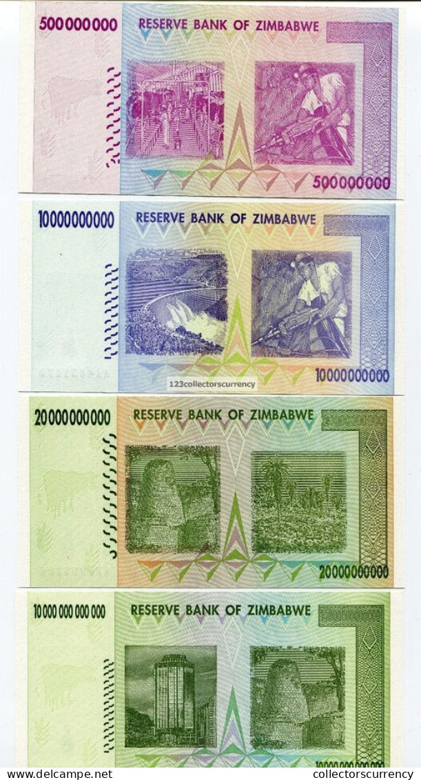 World's Largest Financial Banknotes -2008 , 500 Million , 10 Billion , 20 Billion ,  And 10 Trillion (Part Of The 100 Tr - Zimbabwe