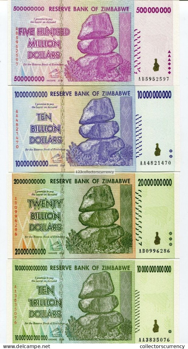 World's Largest Financial Banknotes -2008 , 500 Million , 10 Billion , 20 Billion ,  And 10 Trillion (Part Of The 100 Tr - Simbabwe