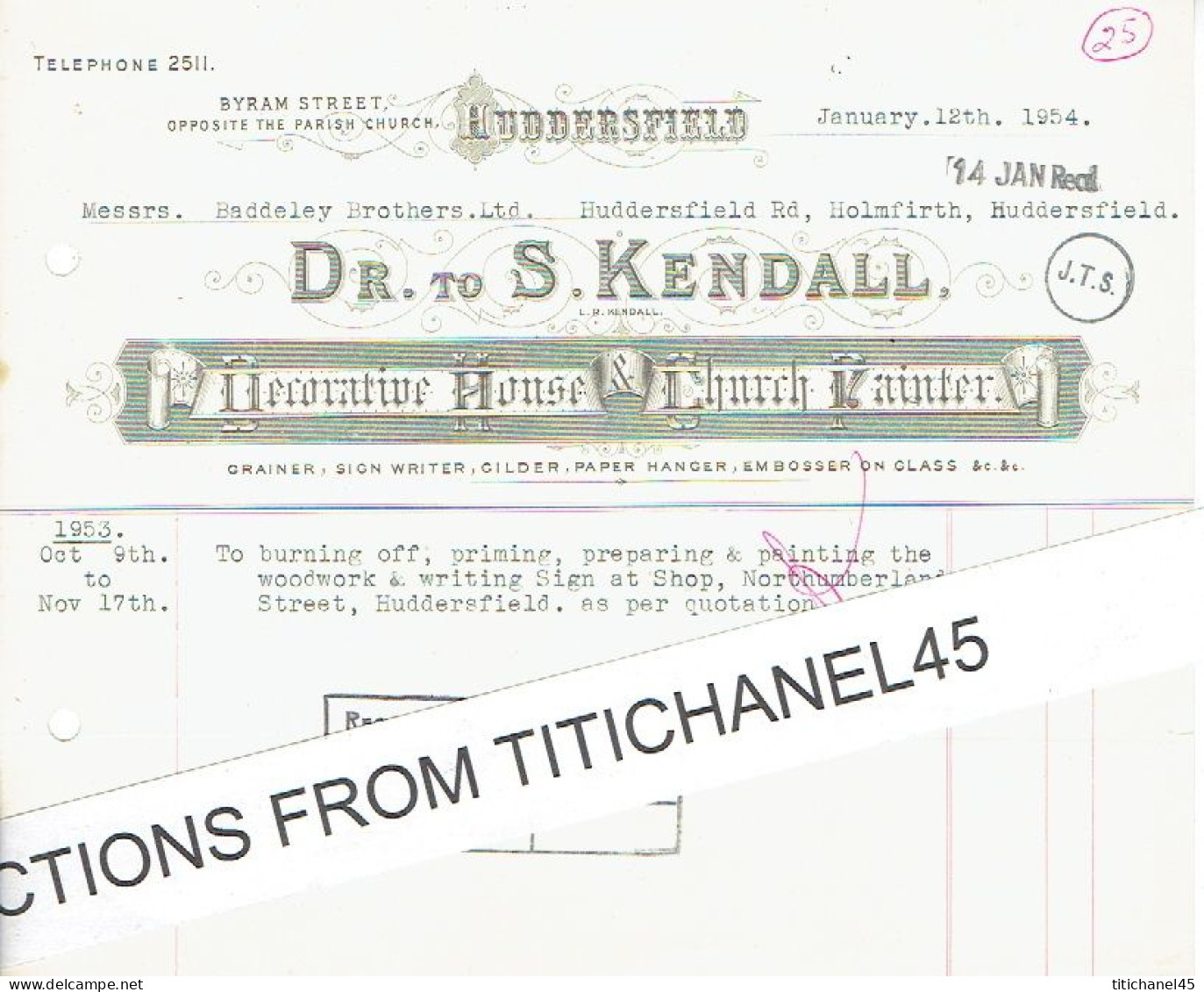 1954 HUDDERSFIELD - Invoice From Dr. To S. KENDALL - Decorative House & Church Painter - Verenigd-Koninkrijk