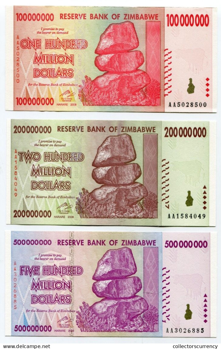 Zimbabwe 2008 Set 100 + 200 + 500 Million Dollars UNC P80 To P82 Currency Notes - Simbabwe